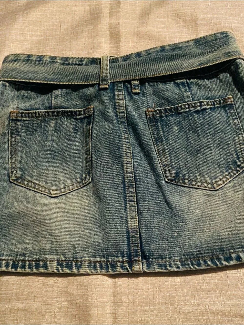 Denim Belted Mini Skirt with Square Buckle - Blue